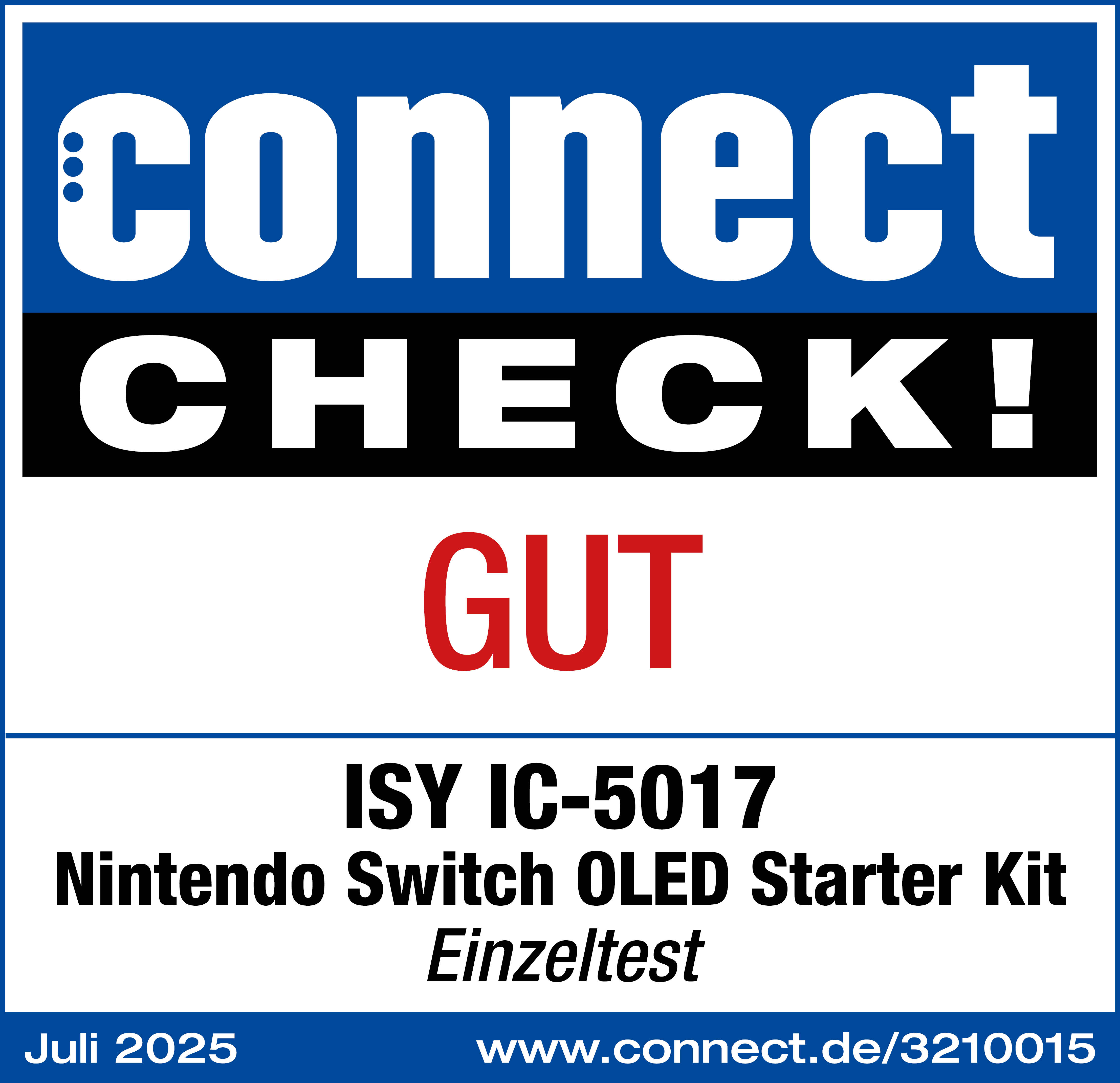 Eine blau-weiße Grafik mit 'connect CHECK! GUT' und Produktdetails für ein Nintendo Switch OLED Starter Kit.