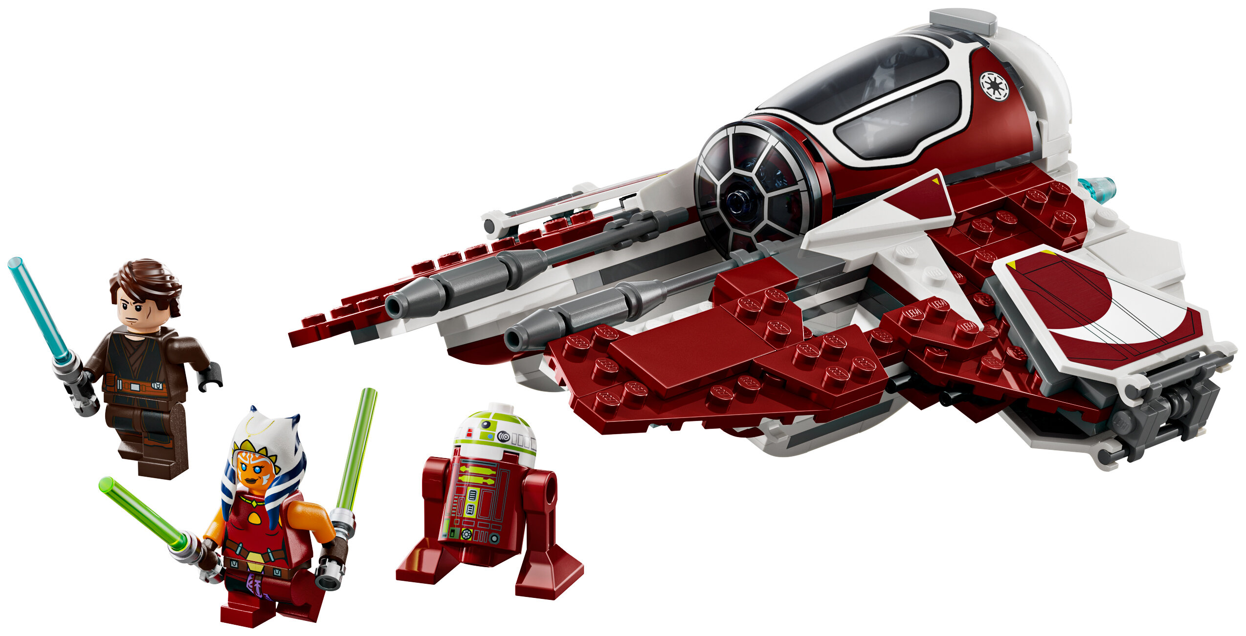 Zestaw Lego Star Wars, z czerwono-białym statkiem, figurkami Anakina i Ahsoki oraz R2-D2. Statek ma dwa blastery.