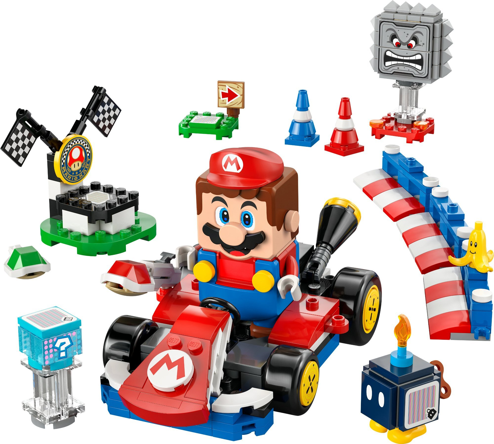 Zestaw Lego Mario w gokarcie, z przeszkodami, flagami i postaciami. Zawiera Thwompa, banana i Bob-omb.