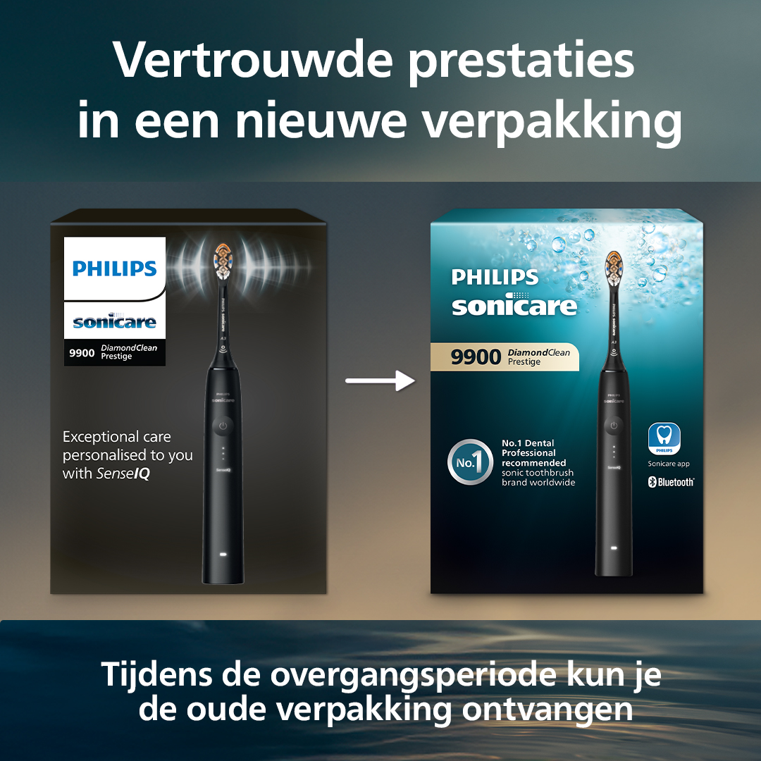 Image shows a Philips Sonicare toothbrush in old and new packaging. Text promotes the new packaging.