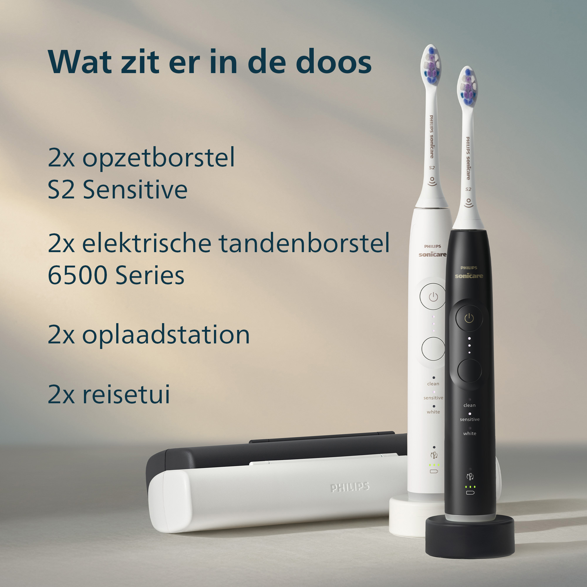 Image shows two Philips Sonicare electric toothbrushes, two brush heads, two chargers, and two travel cases.