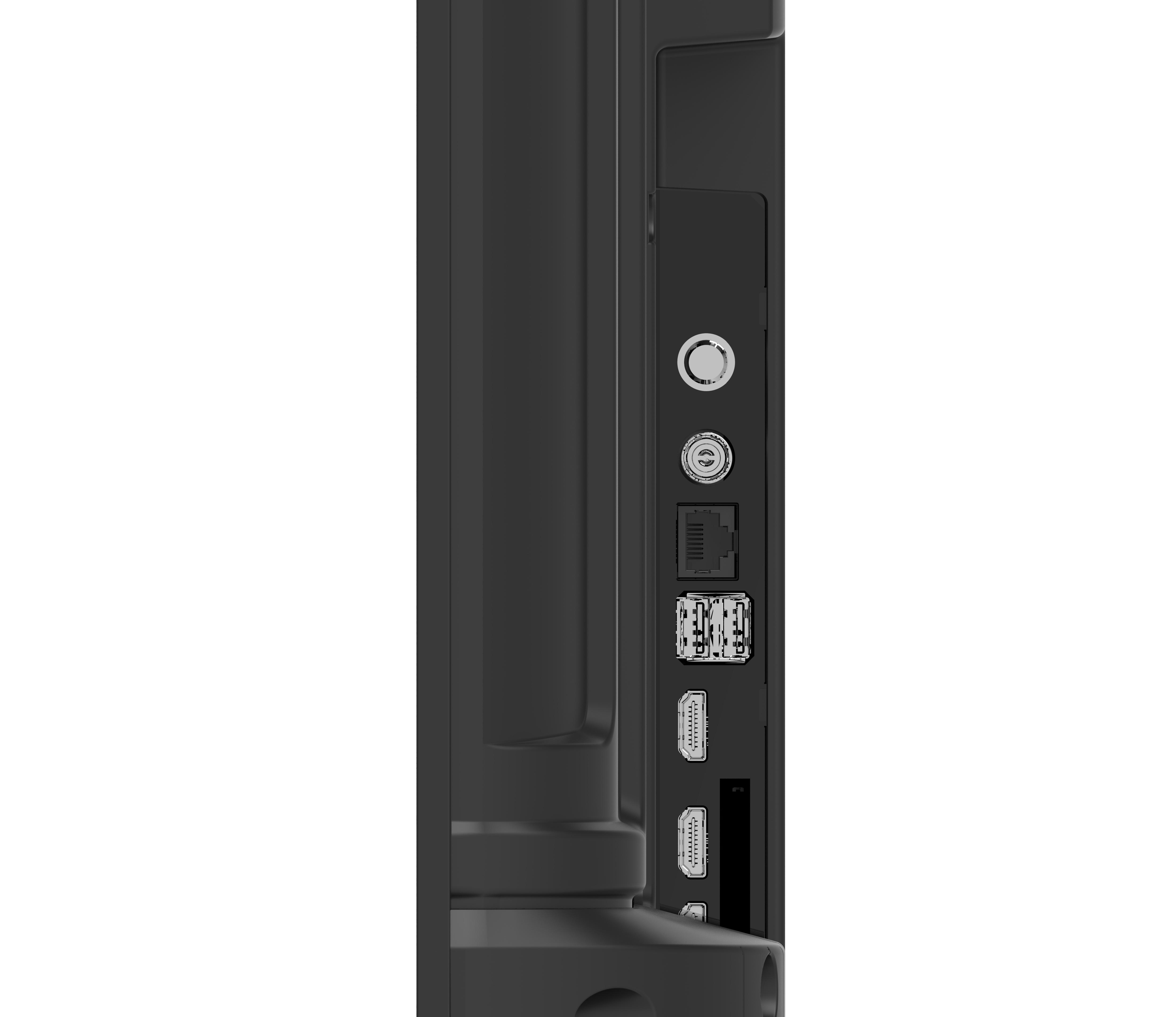 Seitenansicht eines schwarzen Fernsehers mit verschiedenen Anschlüssen, darunter Antenne, Ethernet und HDMI.
