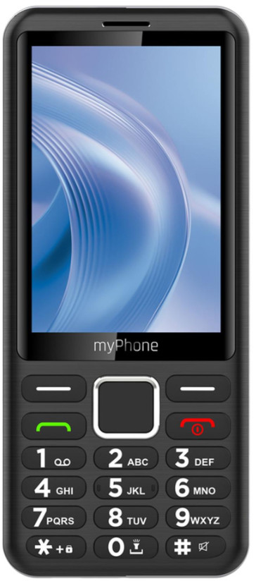 Czarny telefon komórkowy myPhone z ekranem pokazującym niebieskie wzory i przyciskami numerycznymi z zielonym i czerwonym przyciskiem.