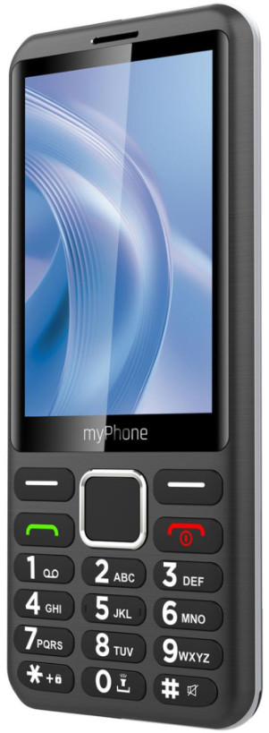 Czarny telefon komórkowy myPhone. Posiada ekran i klawiaturę z numerami i klawiszami funkcyjnymi.