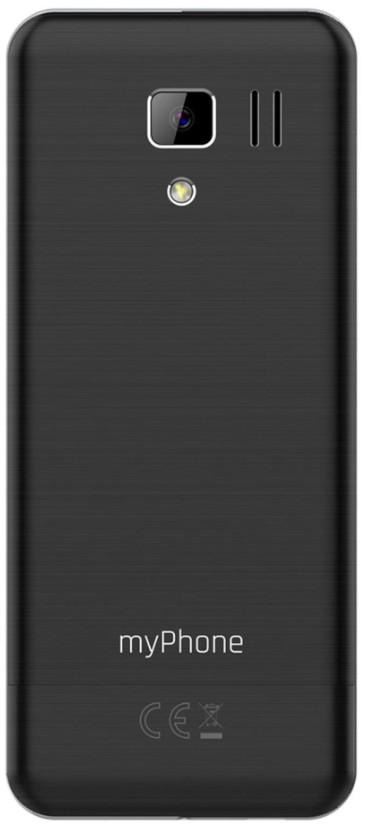 Tył czarnego telefonu myPhone, z aparatem, lampą błyskową i głośnikiem. Telefon ma teksturowane wykończenie i logo myPhone.