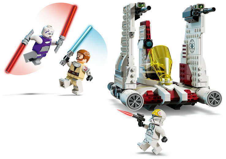 Zestaw Lego Star Wars. Anakin i Asajj z mieczami świetlnymi, statek i żołnierz-klon z blasterem, wszystko plastikowe figurki.