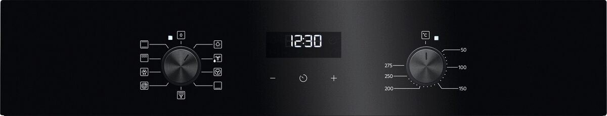 Panel de control negro del horno con perillas, pantalla digital que muestra 12:30 y ajustes de temperatura de 50 a 275 grados Celsius.