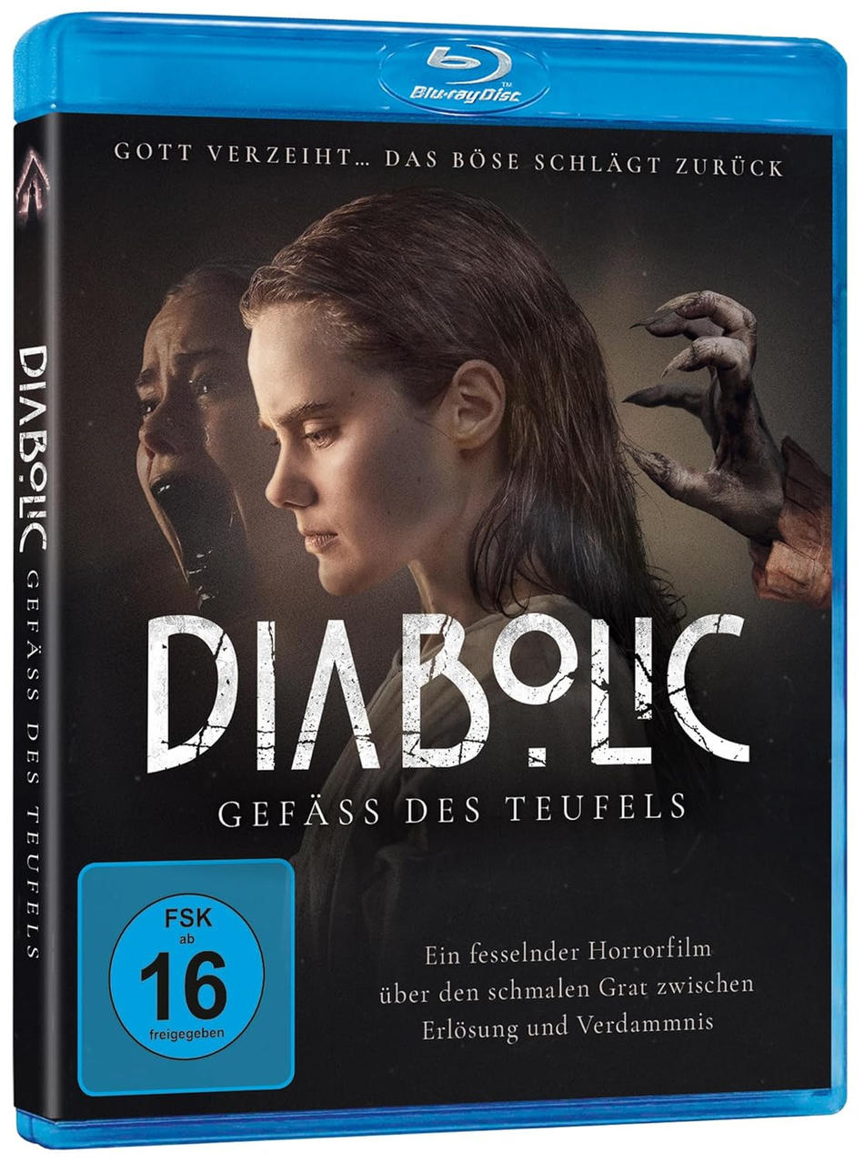 Blu-ray-Cover mit einer Frau und einem schreienden Gesicht. Eine dunkle Hand greift nach der Frau. Der Titel ist 'Diabolic'.