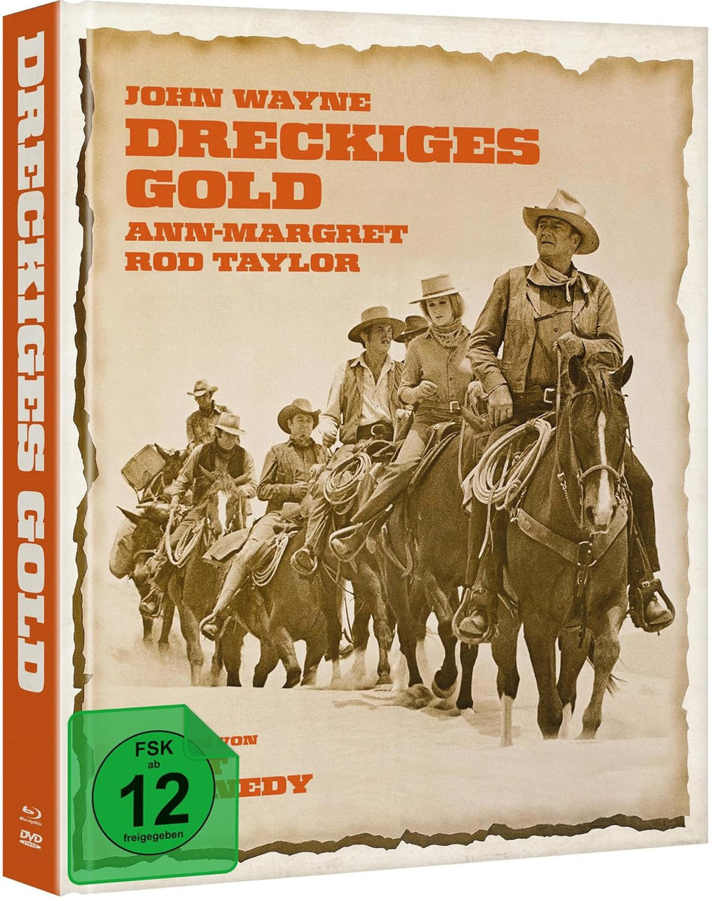 DVD-Cover. Cowboys auf Pferden. Text lautet 'Dreckiges Gold' mit John Wayne, Ann-Margret, Rod Taylor. FSK 12 Bewertung.