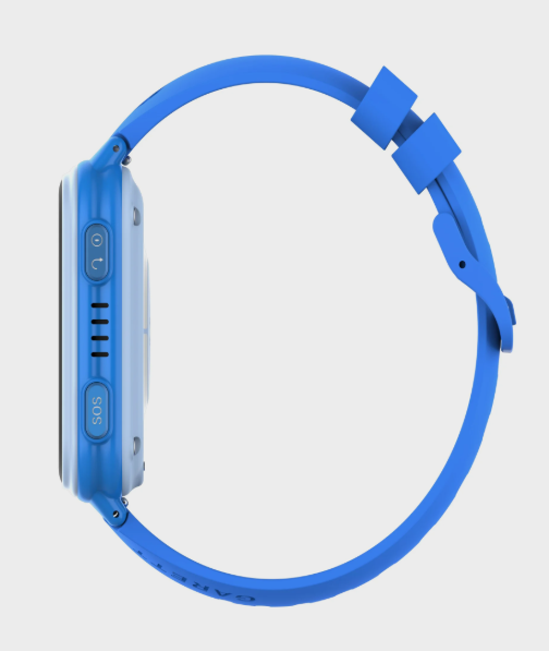 Niebieski smartwatch z niebieskim paskiem pokazany z boku. Przyciski są widoczne z boku. Zegarek jest na białym tle.