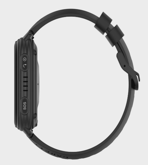 Widok z boku czarnego smartwatcha z pasującym paskiem. Ma przyciski i etykietę SOS. Pasek jest zapięty.