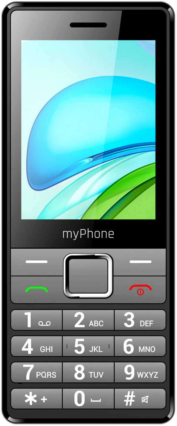Czarny myPhone z ekranem wyświetlającym niebieskie i zielone abstrakcyjne kształty. Ma klawiaturę z numerami i klawiszami funkcyjnymi.