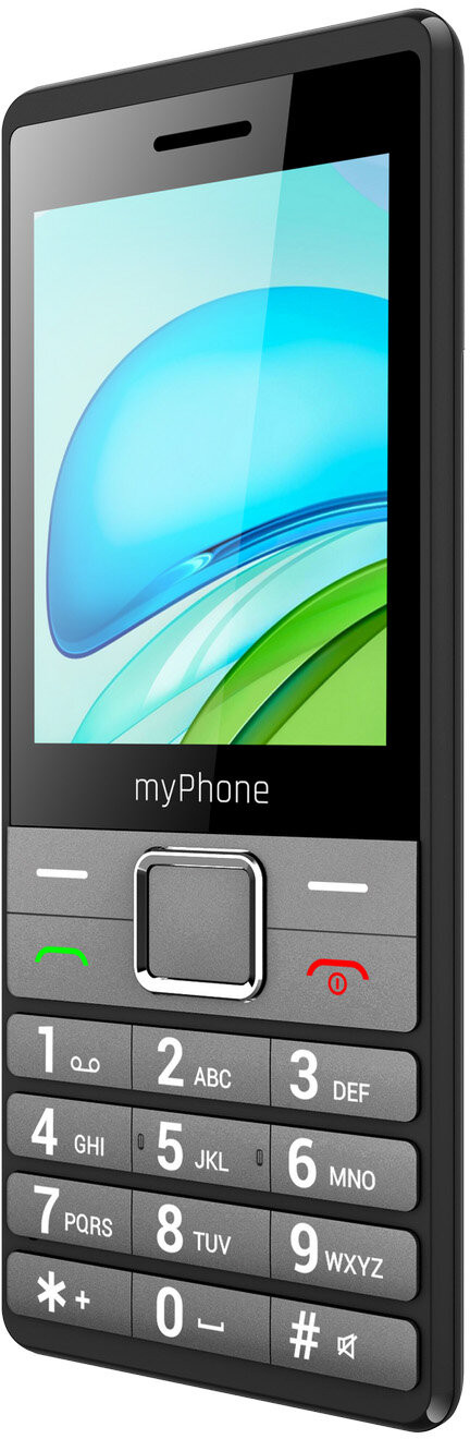 Czarny myPhone z ekranem wyświetlającym niebieskie i zielone kształty. Posiada klawiaturę z numerami i klawiszami funkcyjnymi.