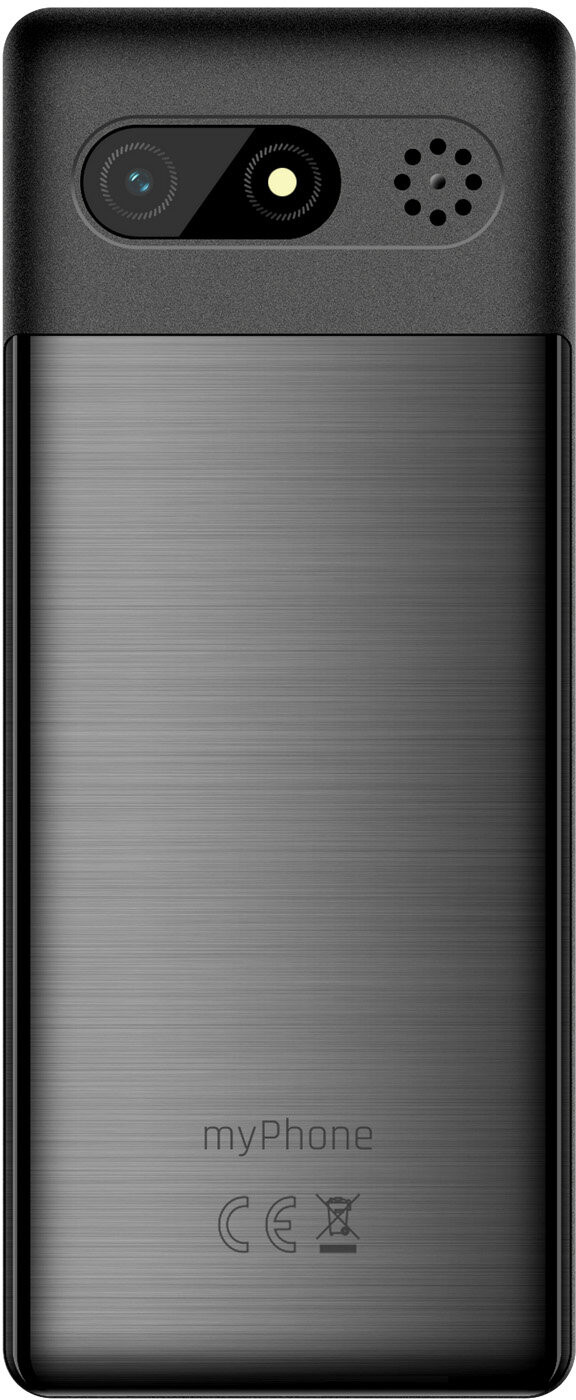 Tył czarnego telefonu. Na górze znajduje się aparat, lampa błyskowa i głośnik. Telefon ma szczotkowaną metalową konstrukcję i logo 'myPhone'.