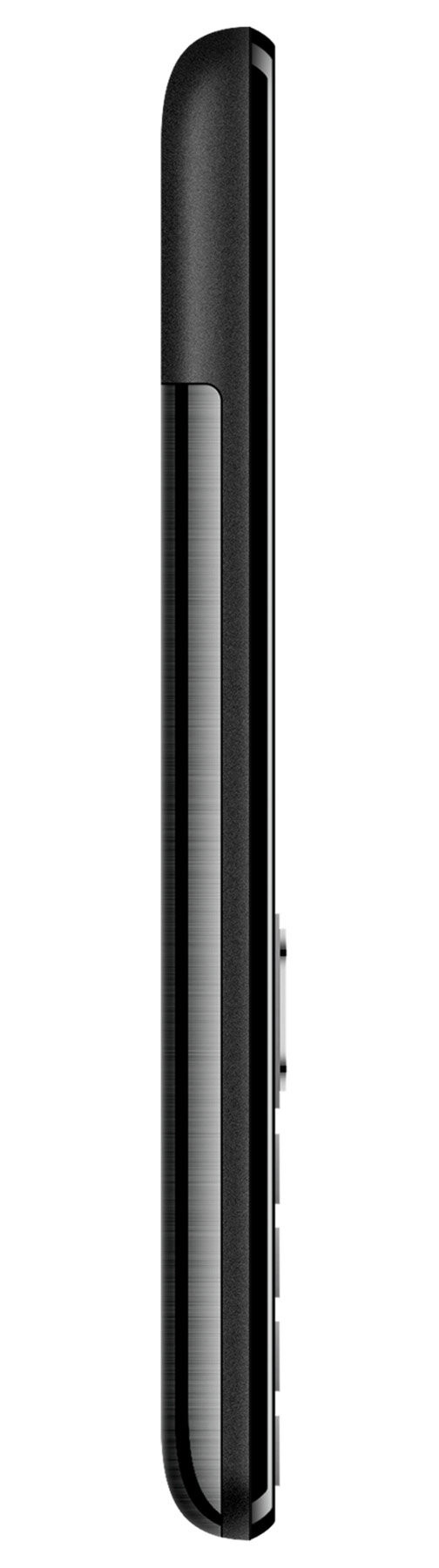 Widok z boku czarnego telefonu. Telefon ma metaliczne wykończenie i przyciski po prawej stronie. Tło białe.