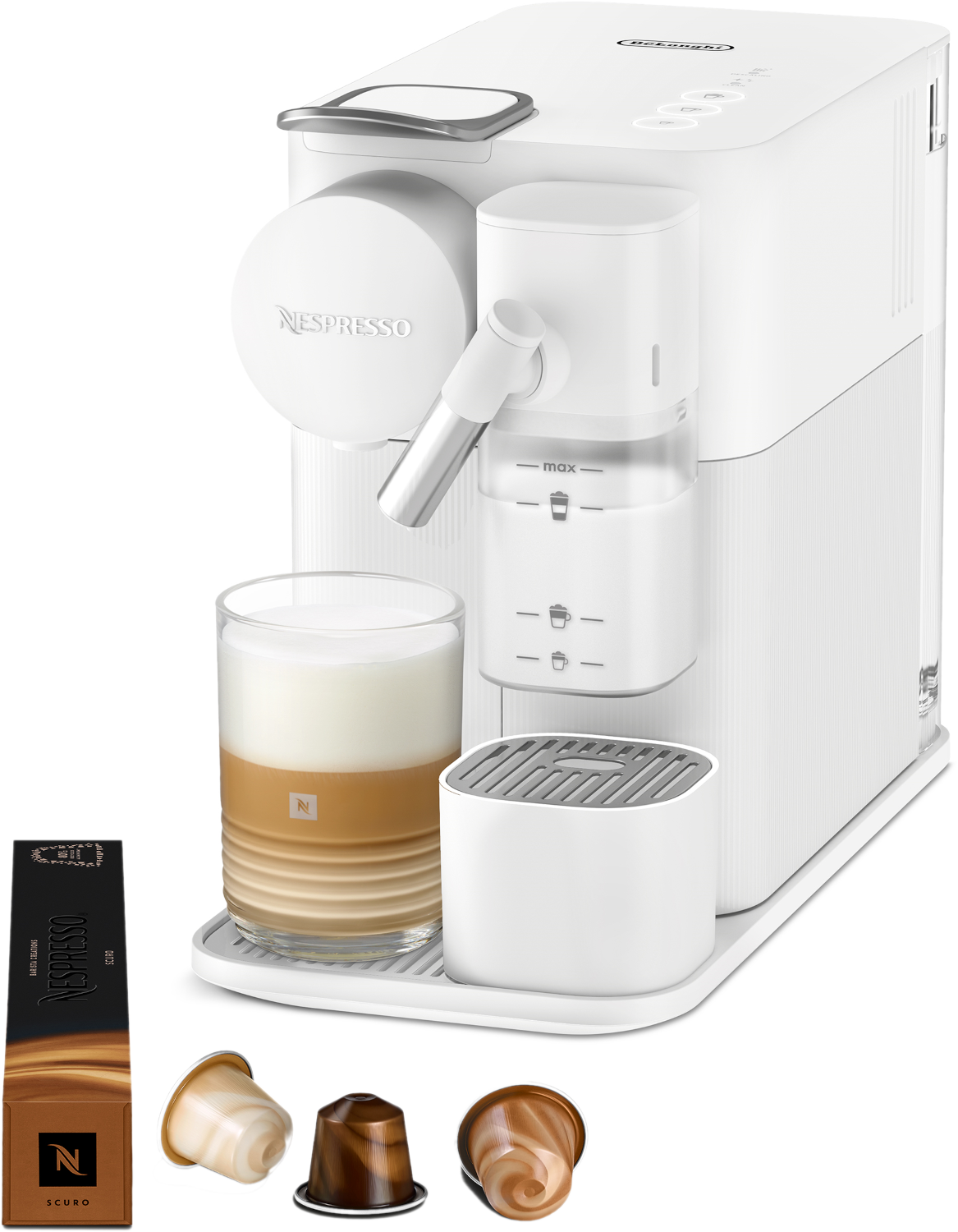 Witte Nespresso-koffiemachine met een glas latte, koffiecapsules en een doosje Nespresso Scuro-capsules.