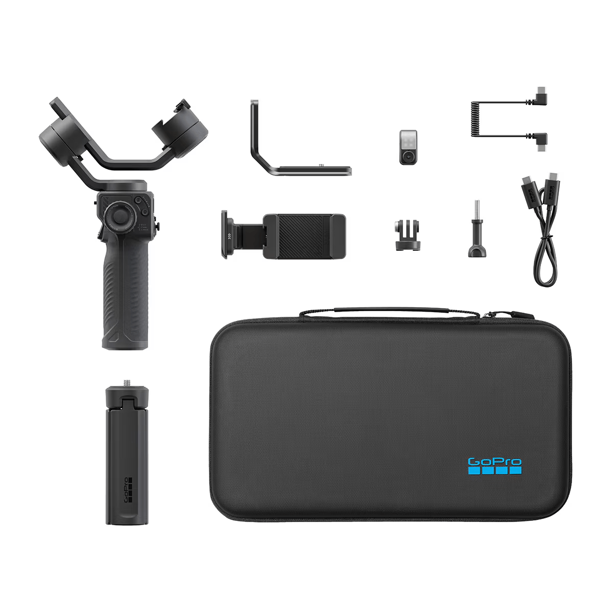 Kit de estabilizador GoPro sobre blanco. Incluye estabilizador, soporte para teléfono, cables, trípode, estuche y accesorios.