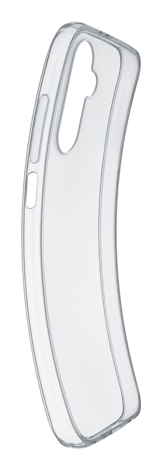 Una funda transparente para teléfono. Tiene aberturas para la cámara y los botones y está curvada para adaptarse al teléfono.