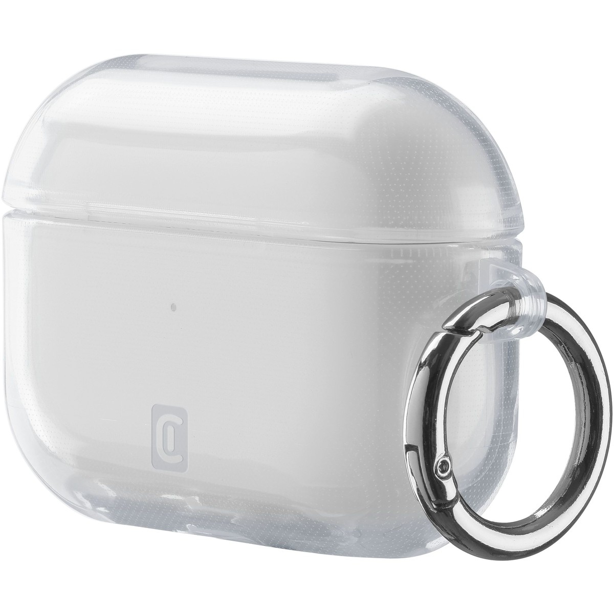 Funda transparente para AirPods con mosquetón plateado. La funda está cerrada y tiene un pequeño logotipo.