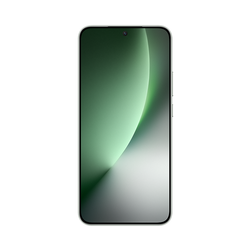 Un teléfono inteligente con una pantalla verde curva. La pantalla muestra un gradiente de verde y blanco. Una pequeña cámara en la parte superior.