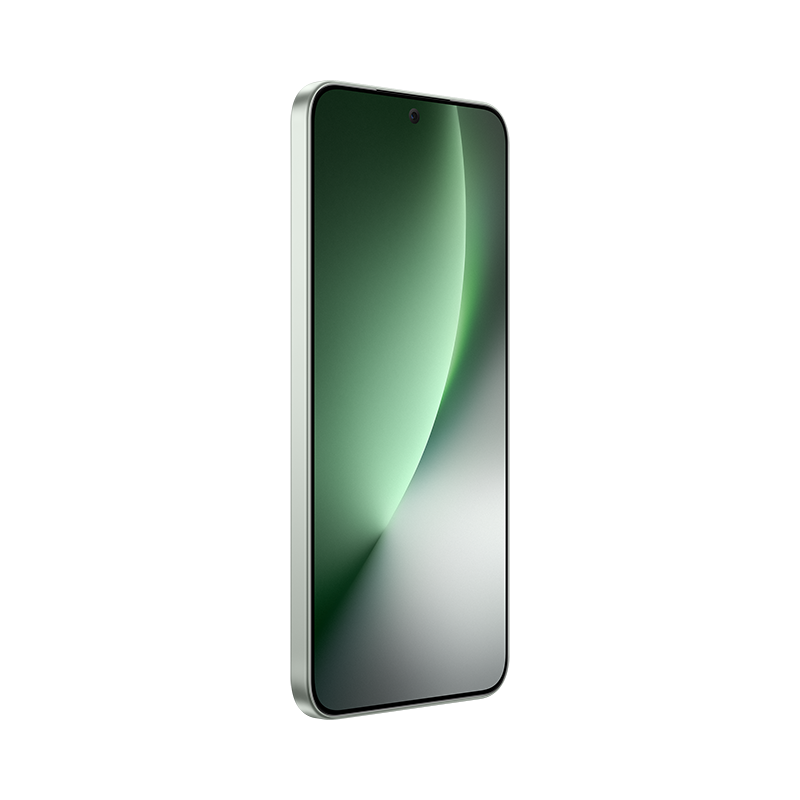 Un smartphone con pantalla verde, marco plateado y cámara. La pantalla tiene un degradado de verde claro a oscuro.
