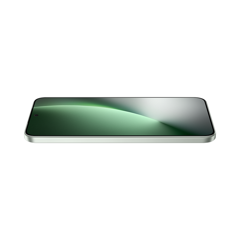 Un teléfono inteligente con pantalla verde, marco plateado y un pequeño punto negro. El fondo es blanco.