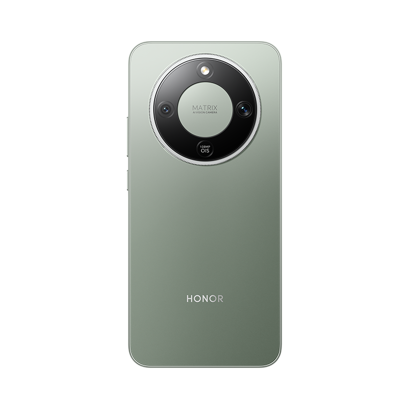 La parte trasera de un smartphone verde con un módulo de cámara circular. Tiene escrito "MATRIX AI VISION CAMERA" y "HONOR".