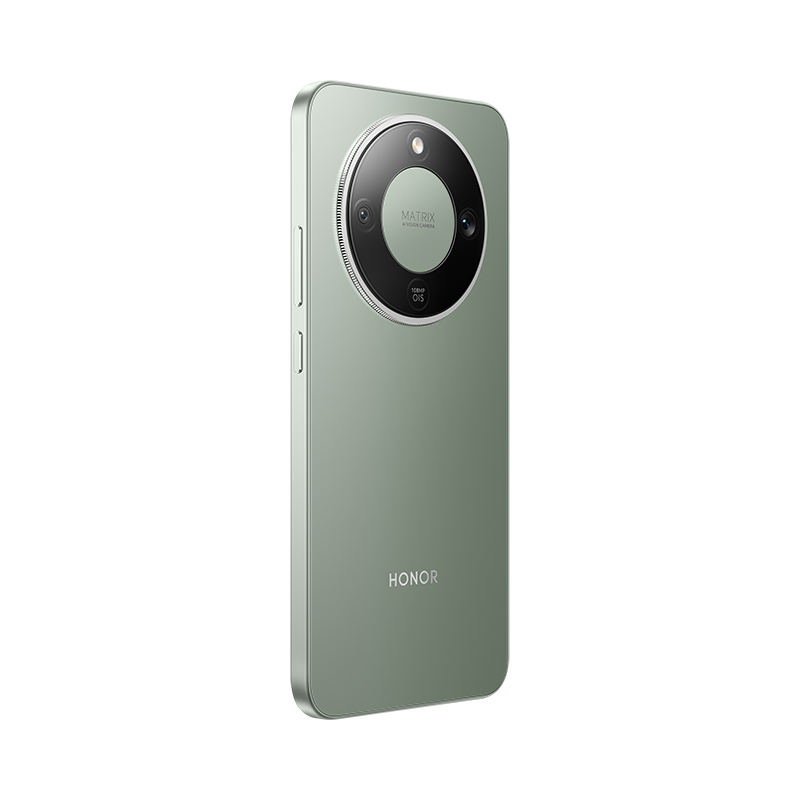 Un smartphone verde, marca Honor, tiene un módulo de cámara prominente. El anillo de la cámara presenta múltiples lentes y la palabra 'MATRIX'.