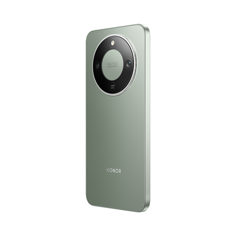 Un smartphone verde menta con un módulo de cámara prominente. El módulo tiene múltiples lentes y la palabra 'MATRIX'. La marca es 'HONOR'.