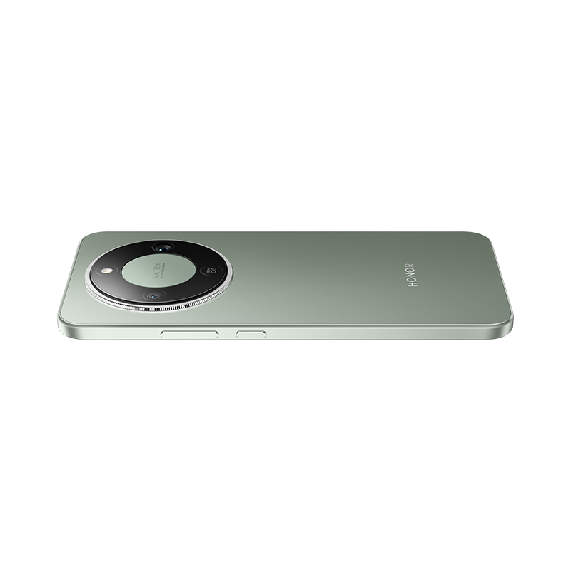 Un smartphone verde con un módulo de cámara circular se coloca sobre una superficie blanca. El teléfono dice 'HONOR'.