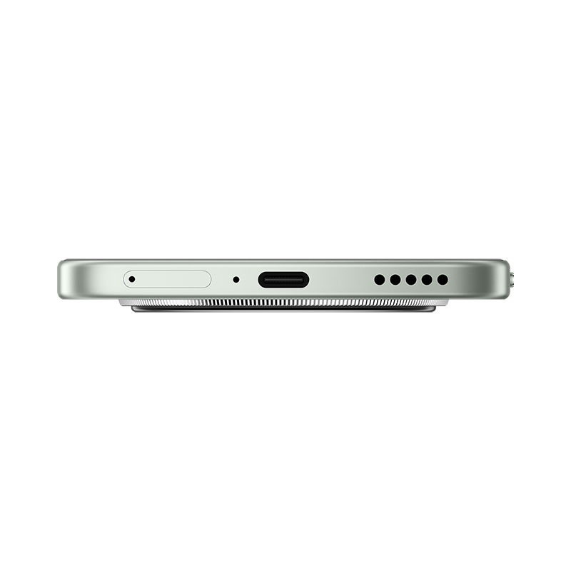 Primer plano del borde inferior de un smartphone verde claro. Tiene un puerto de carga, orificios para altavoces y una ranura SIM.