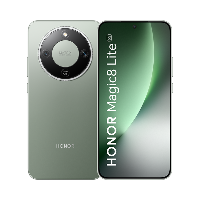 Se muestra el smartphone Honor Magic8 Lite 5G, mostrando la parte trasera con la cámara y la pantalla. El teléfono es verde.