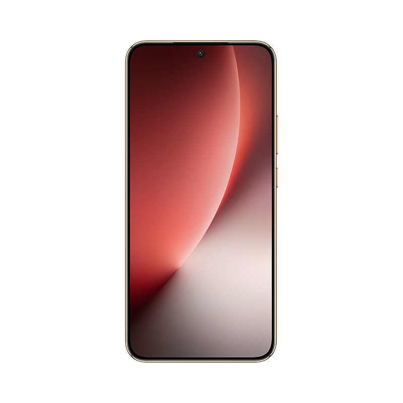 Un smartphone con marco dorado muestra un degradado rojo y blanco. Arriba hay una cámara y un lado dorado con botones.