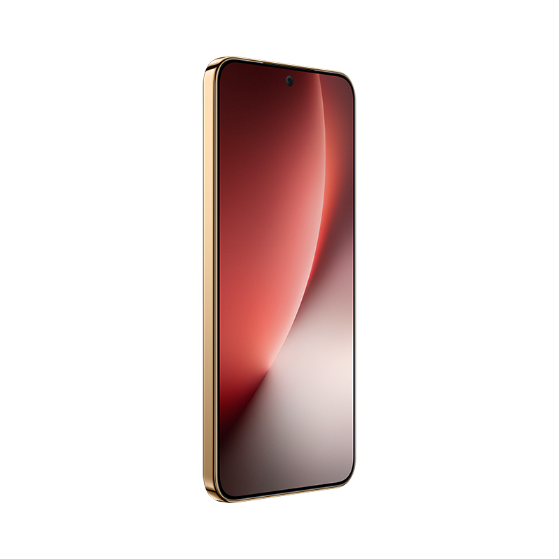 Un smartphone con marco dorado muestra un degradado rojo y blanco, inclinado hacia un lado. Una pequeña cámara es visible en la parte superior.