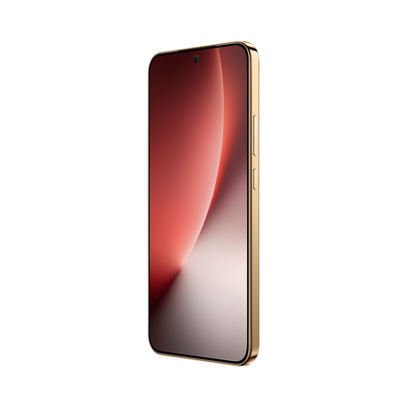 Un smartphone dorado con una pantalla degradada roja se muestra de lado. El teléfono tiene botones en su lateral.