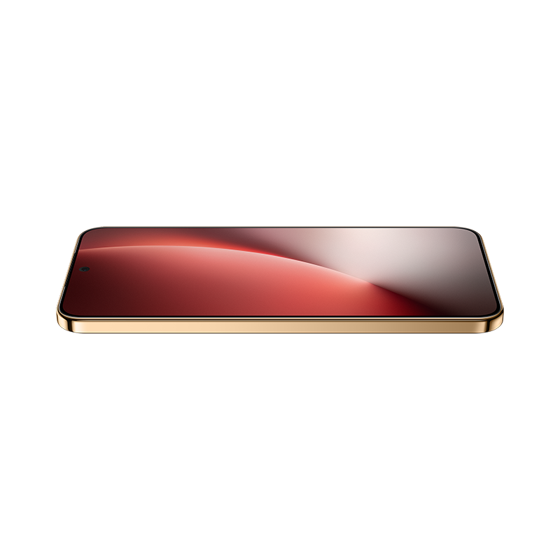 Un smartphone dorado, ligeramente inclinado hacia arriba. La pantalla muestra un degradado rojo y blanco. El teléfono está sobre una superficie reflectante.
