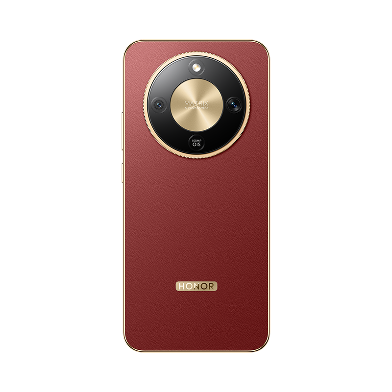 Teléfono inteligente rojo con borde dorado. Tiene un módulo de cámara y la marca HONOR. El módulo de la cámara es negro y dorado.