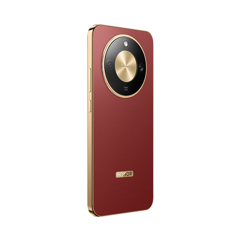 Un smartphone rojo con detalles dorados, un módulo de cámara grande y el logotipo de Honor. La cámara tiene un círculo dorado central.