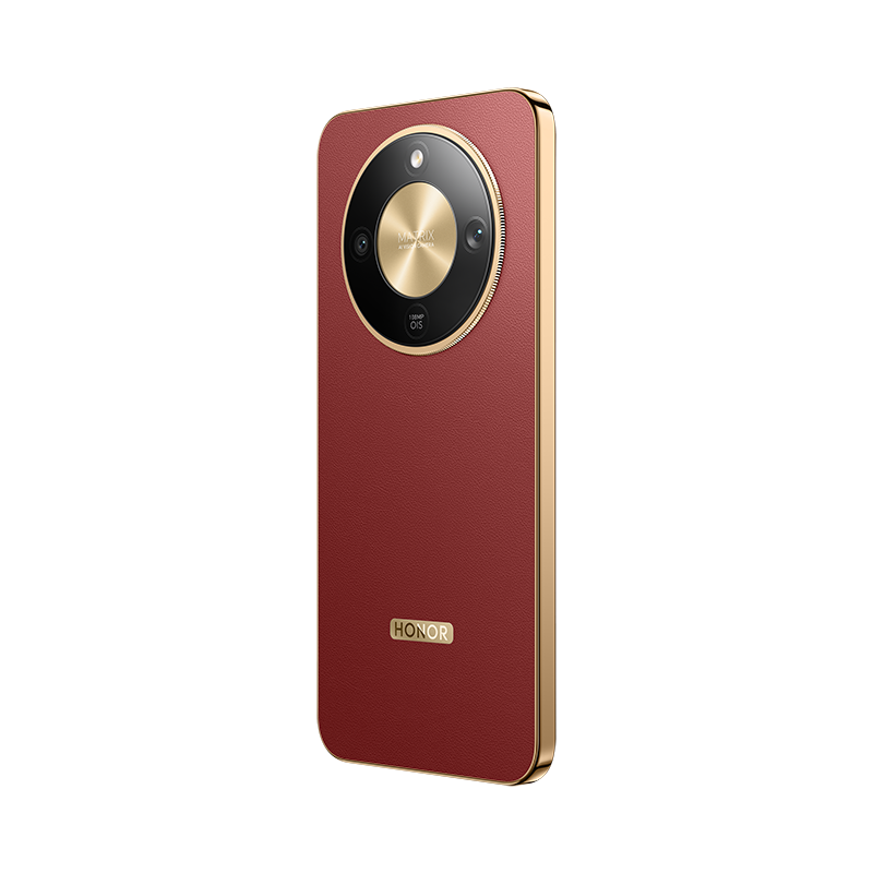 Un teléfono Honor rojo con borde dorado. Tiene un módulo de cámara grande, con la palabra 'MATRIX'. La marca del teléfono es 'HONOR'.