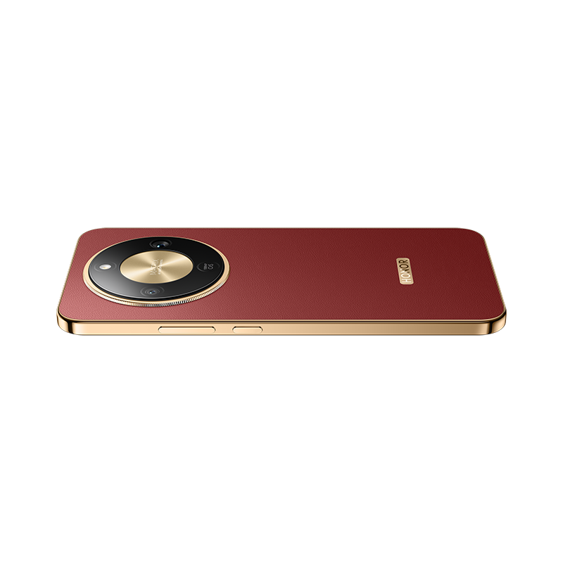Un smartphone granate con marco dorado y un gran módulo de cámara circular. El logotipo de Honor es visible. El teléfono está tumbado.