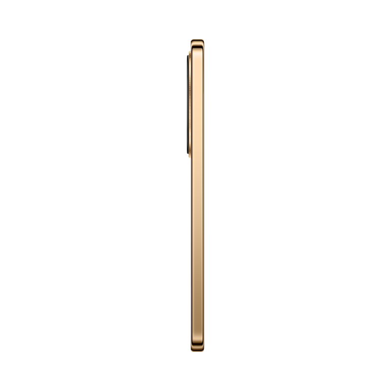 Vista lateral de un smartphone dorado, que muestra el marco y una parte de la pantalla. El fondo es blanco liso.