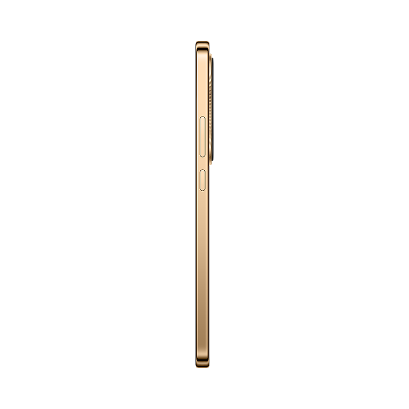 Vista lateral de un smartphone dorado. Los botones de volumen y encendido son visibles. El borde del teléfono es dorado, sobre fondo blanco.