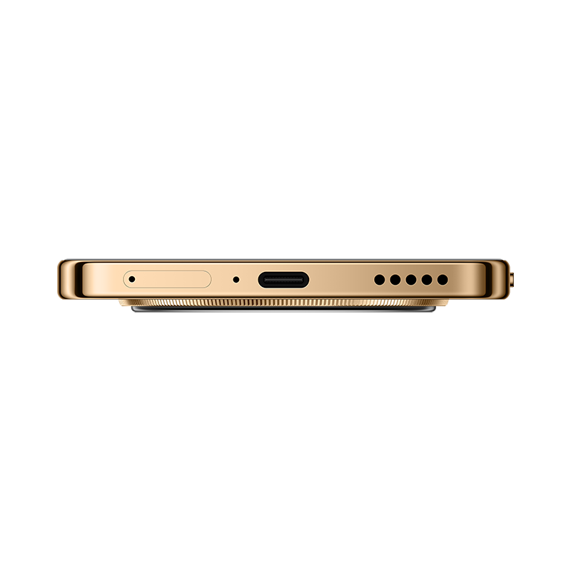 Borde inferior dorado de smartphone. Cuenta con puerto de carga, ranura SIM y orificios para altavoz. El borde tiene un diseño texturizado.