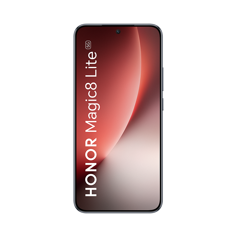 Se muestra el smartphone Honor Magic8 Lite 5G, mostrando la pantalla con un degradado rojo y blanco. El teléfono es negro con el nombre de la marca.