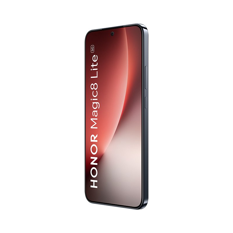 Se muestra un teléfono inteligente, Honor Magic8 Lite. Tiene una pantalla degradada roja y blanca, marco negro y botones de volumen laterales.
