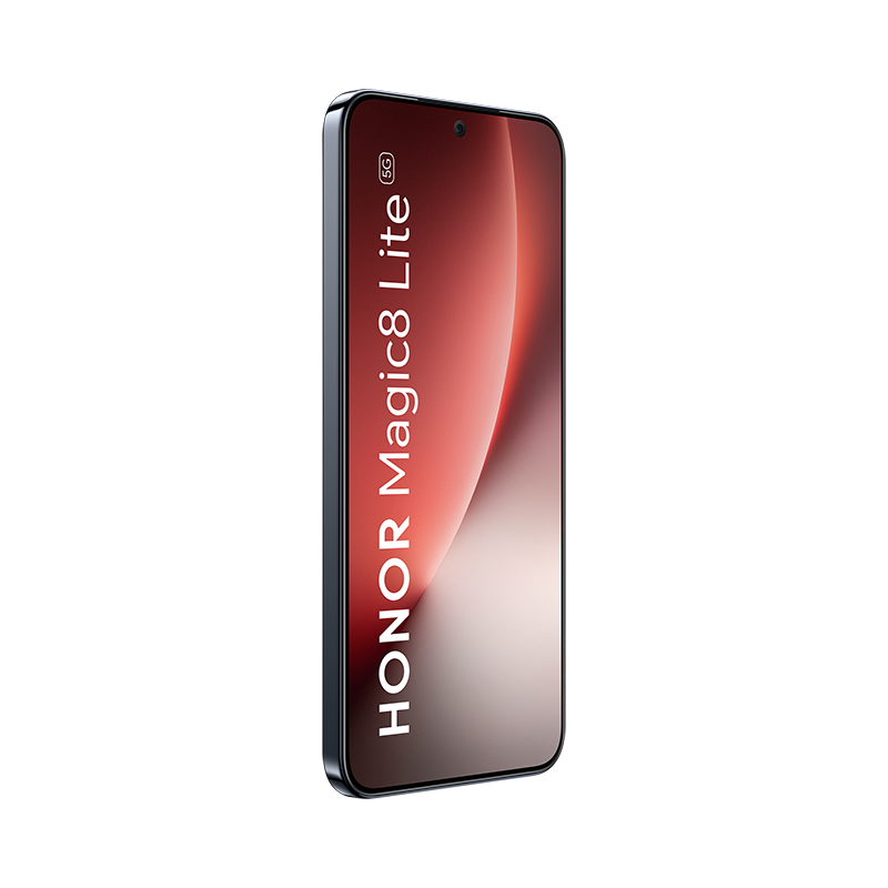 Se muestra el smartphone Honor Magic8 Lite 5G. La pantalla tiene un degradado rojo y blanco. El teléfono es negro con el logotipo de Honor.