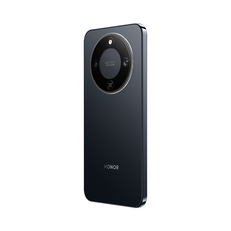 Un smartphone HONOR azul oscuro. La parte trasera tiene un módulo de cámara circular con múltiples lentes y la palabra MATRIX. Logo HONOR abajo.