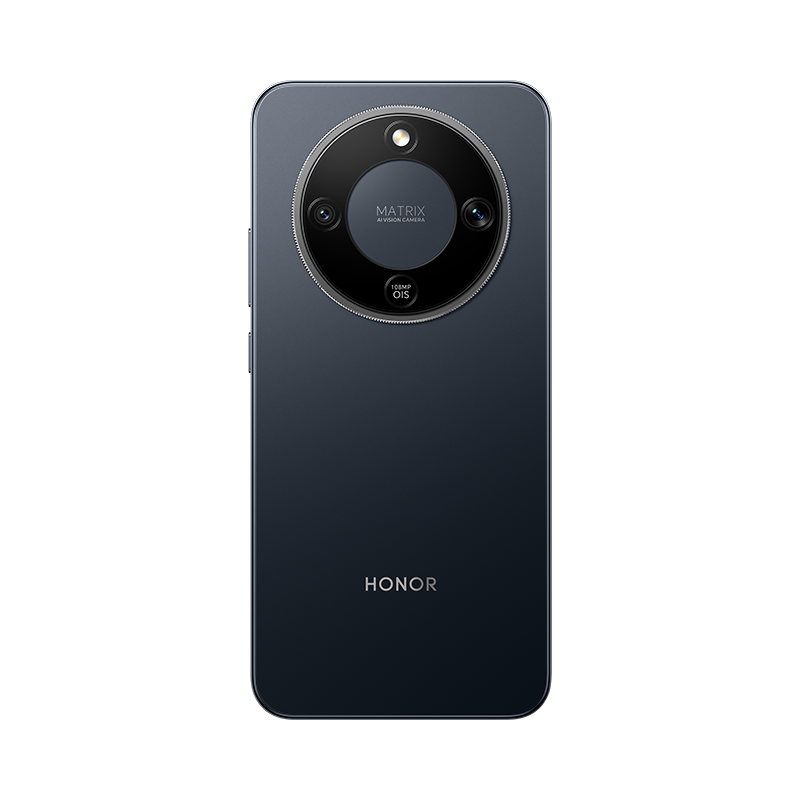 Parte trasera de un smartphone HONOR azul oscuro. Tiene un módulo de cámara circular con tres lentes y el texto 'MATRIX AI VISION CAMERA'.