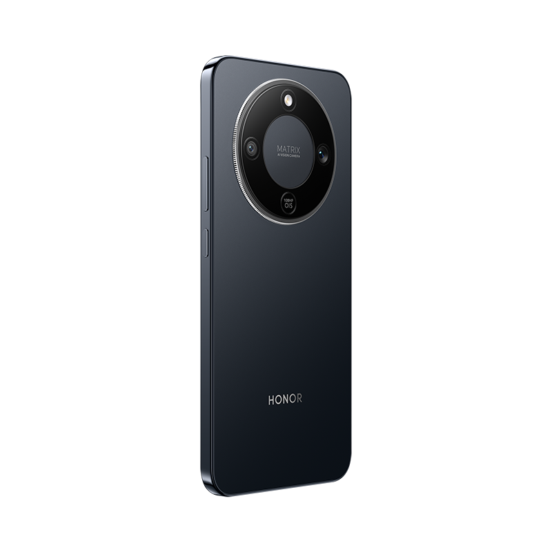 Un smartphone HONOR azul oscuro. Tiene un módulo de cámara grande y el nombre de la marca es visible en la parte inferior. El teléfono está sobre un fondo blanco.