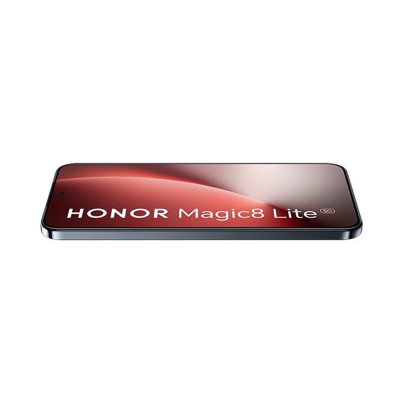 La imagen muestra la pantalla de un teléfono con 'HONOR Magic8 Lite'. El fondo tiene un degradado de colores rojo y blanco.